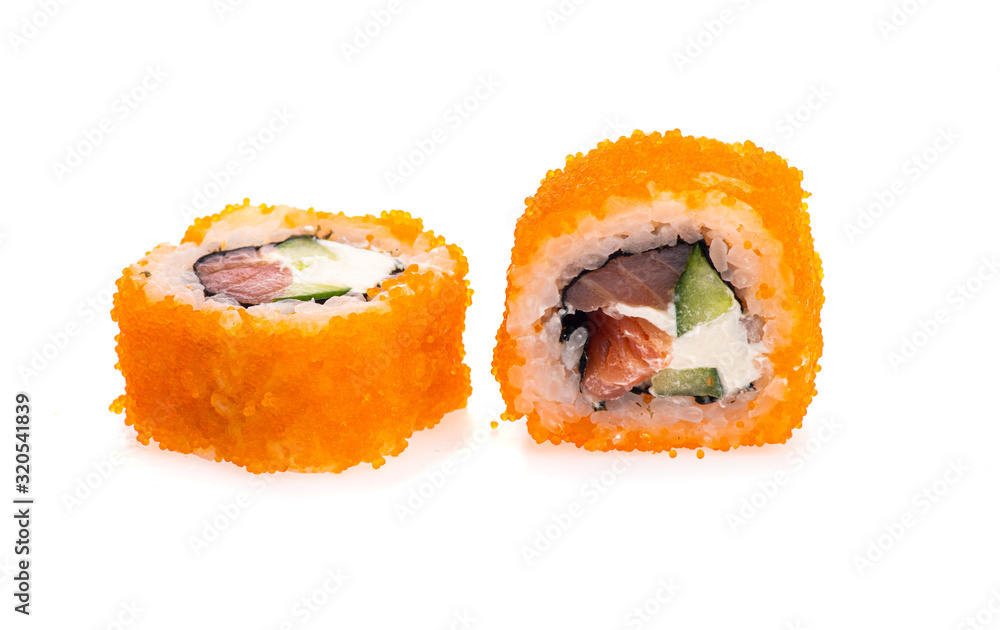 sushi and rolls with different toppings in two pieces close-up on a white background sushi and rolls with different toppings in two pieces close-up on a white background