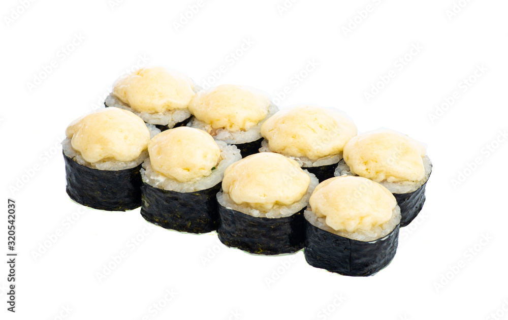sushi and rolls with different toppings in eight pieces close-up on a white background top view sushi and rolls with different toppings in eight pieces close-up on a white background top view