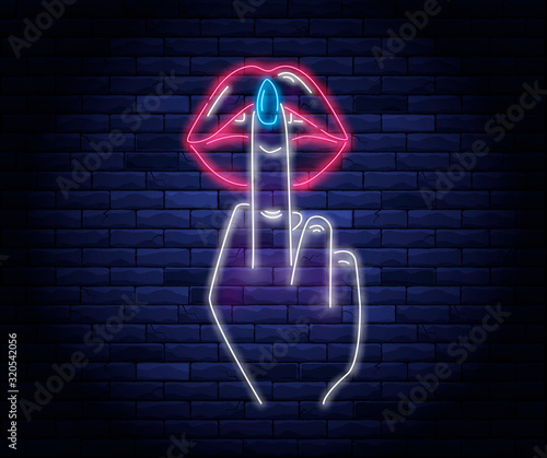 Female pink lips neon vector illustration.