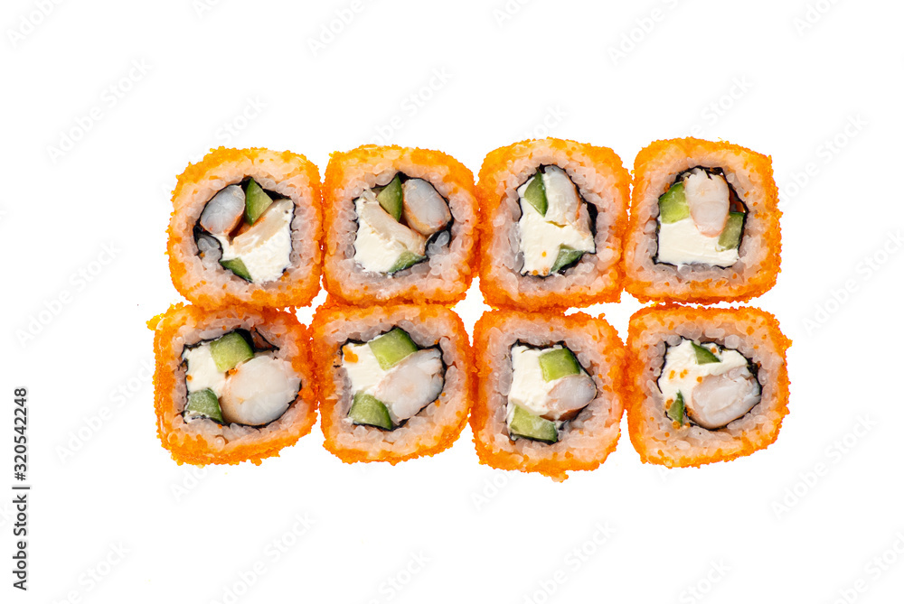 sushi and rolls with different toppings in eight pieces close-up on a white background top view