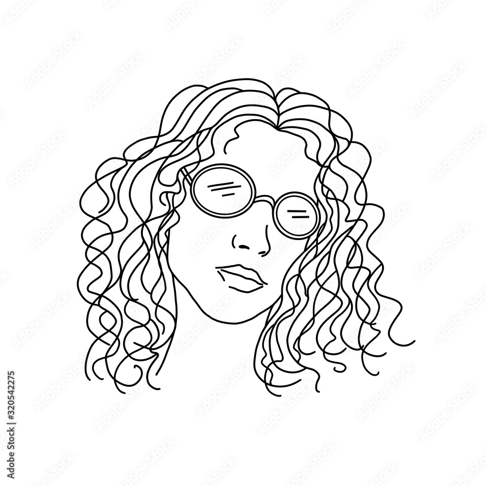 Portrait of a girl in sunglasses with curly long hair. Black and white hand drawn illustration of a female portrait on a white background. Element for your design. Portrait of a girl in sunglasses with curly long hair. Black and white hand drawn illustration of a female portrait on a white background. Element for your design.