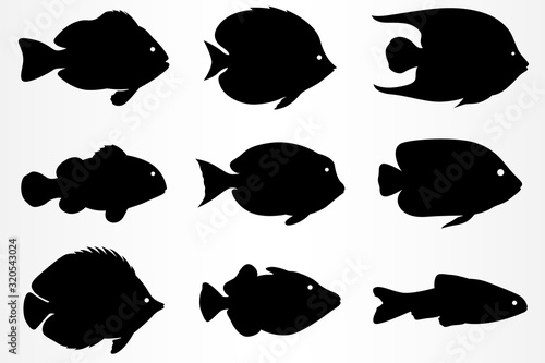 A set of nine different fish icons. Marine and aquarium fish.