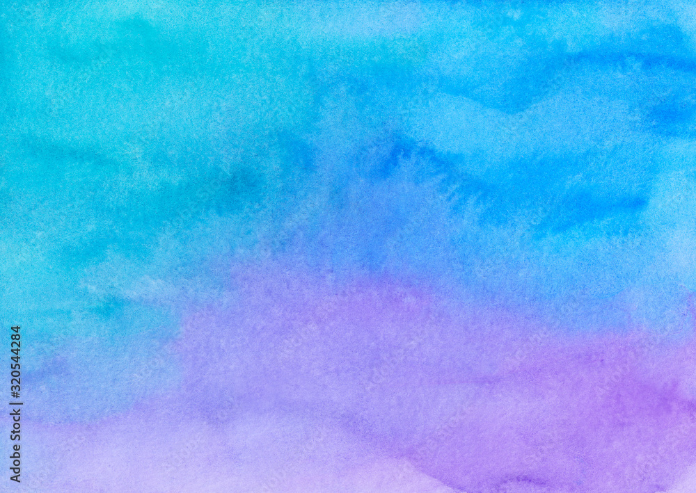 Watercolor light blue and purple ombre background painting texture. Multicolored pastel watery soft backdrop. Stains on paper.