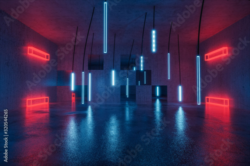 3d rendering of concrete background with illuminated hanging led panels cubic red lights