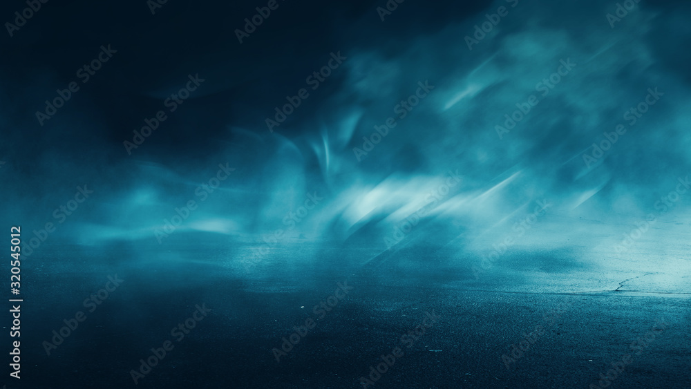 Dark empty dramatic background. Night dark sky in a blue neon glow, wet asphalt. Background of an empty night street, smoke, smog. Dark empty dramatic background. Night dark sky in a blue neon glow, wet asphalt. Background of an empty night street, smoke, smog.