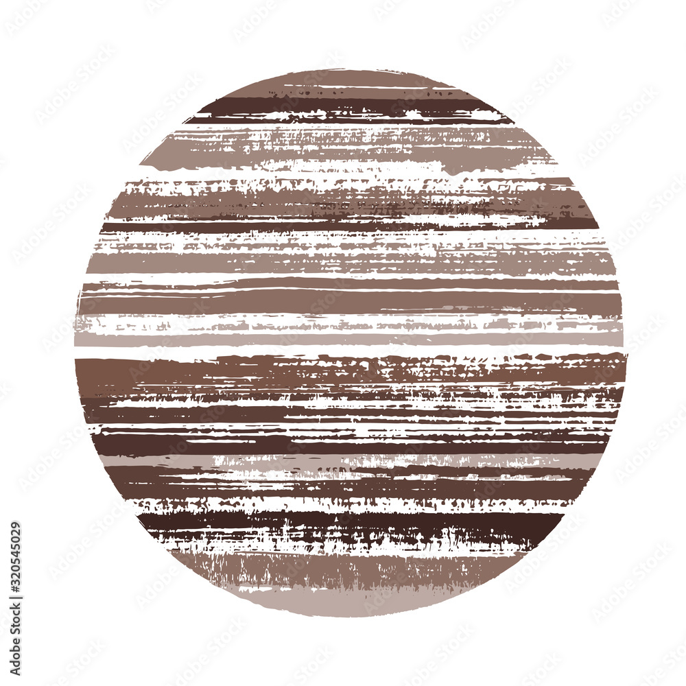 Circle vector geometric shape with striped texture of paint horizontal lines. Planet concept with old paint texture. Label round shape logotype circle with grunge background of stripes.