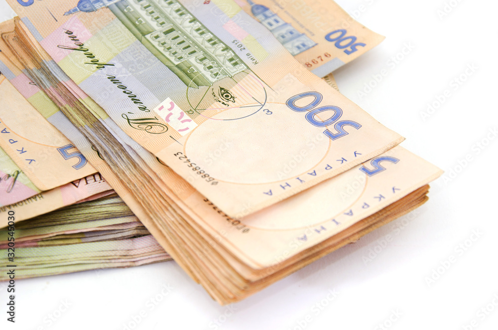 500 hryvnia banknotes on a white background. Close-up. 500 hryvnia banknotes on a white background. Close-up.