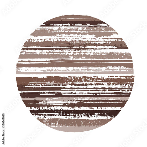 Circle vector geometric shape with striped texture of paint horizontal lines. Planet concept with old paint texture. Label round shape logotype circle with grunge background of stripes.