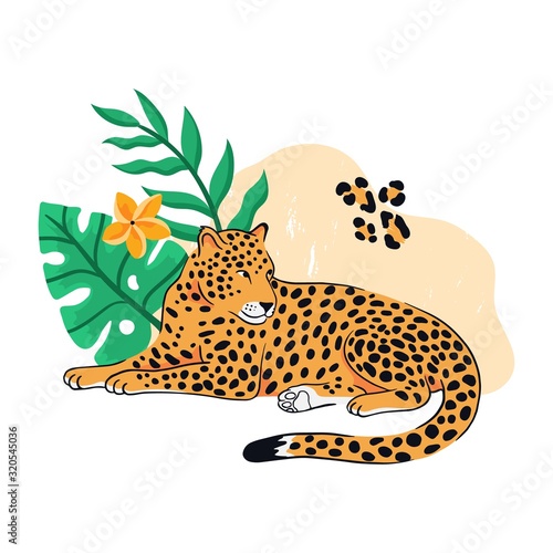 Leopard with tropical exotic leaves, and flowers. Colorful vector illustration.