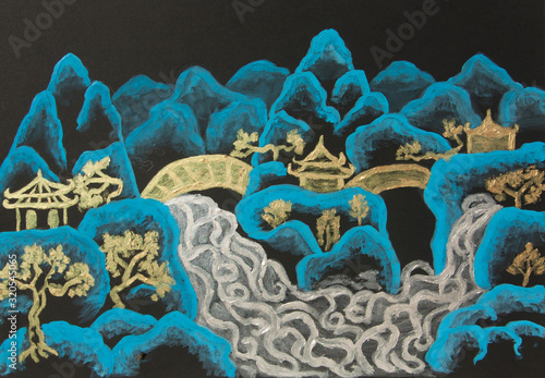 Chinse style landscape on black in blue, silver and gold