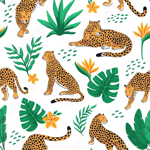 Vector seamless pattern with leopards and tropical leaves and flowers on the white background.
