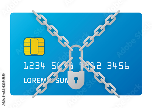 Vector credit card locked chain with padlock. Isolated on white background