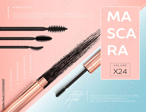 Set of realistic vector golden Mascara Bottles. Brush and mascara tube. Black wand and golden tube on rose-gold and light blue background. Fashionable cosmetics Make up design for Eyes