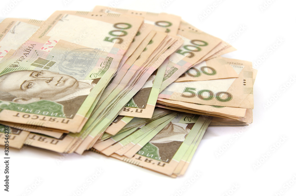500 hryvnia banknotes on a white background. Close-up. 500 hryvnia banknotes on a white background. Close-up.