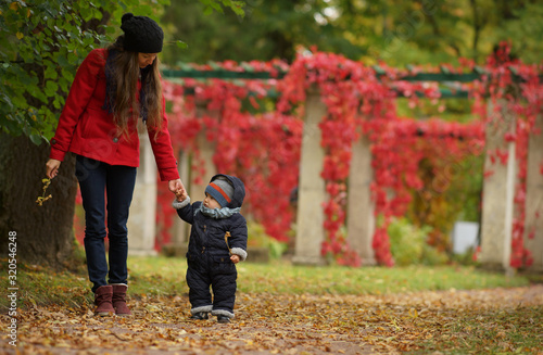Young woman with child in autumn park on background of bright red leaves of virginia creeper, happy family
