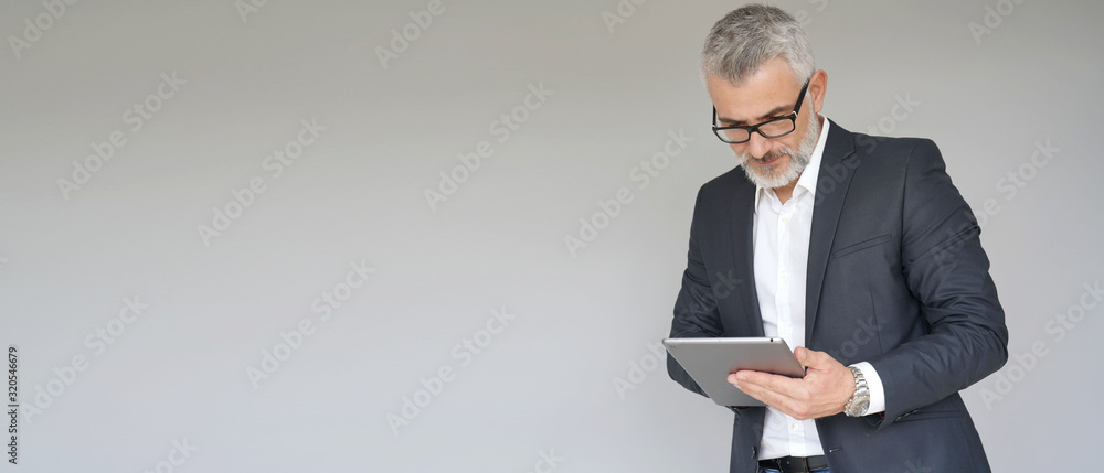 Businessman using digital tablet isolated on background- template - obrazy, fototapety, plakaty 