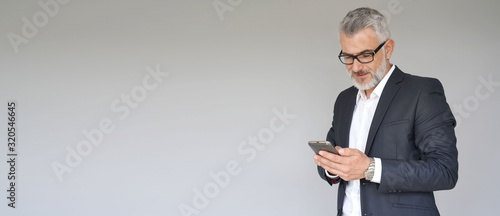 Businessman using smartphone, isolated on background - template
