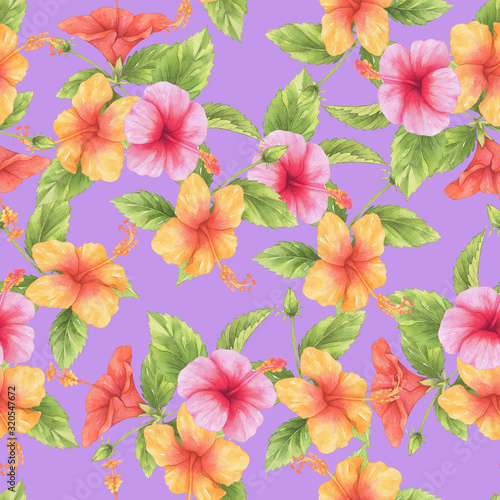 Seamless pattern with red  pink  yellow hibiscus flower and leaves watercolor on purple background.  Hand drawn floral illustration.