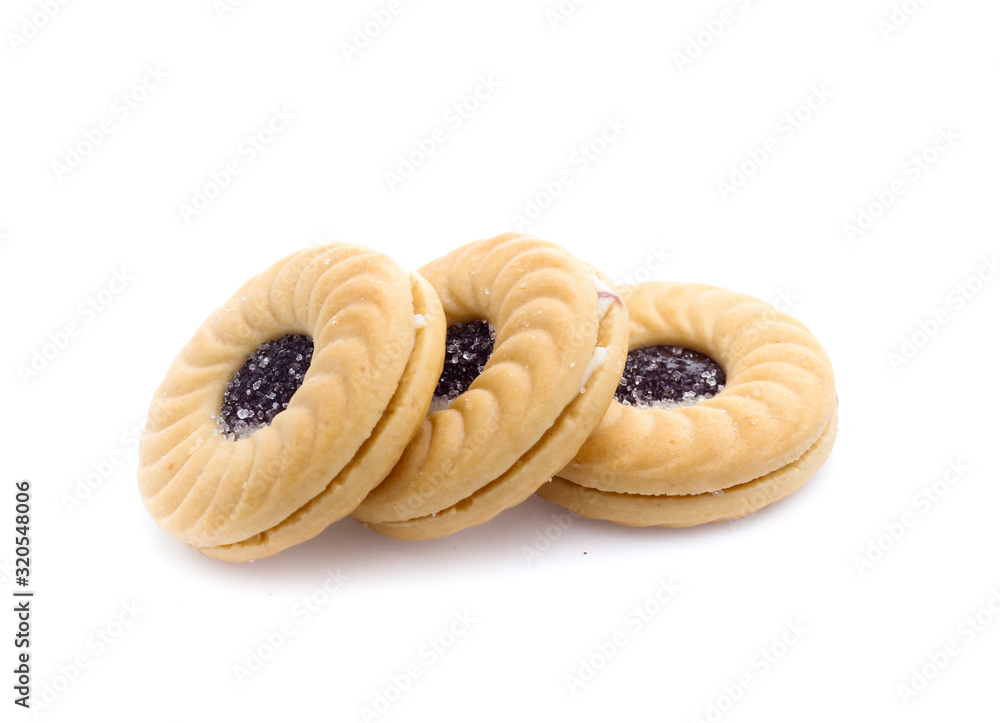 Jam sandwich biscuit from above isolated on white Jam sandwich biscuit from above isolated on white