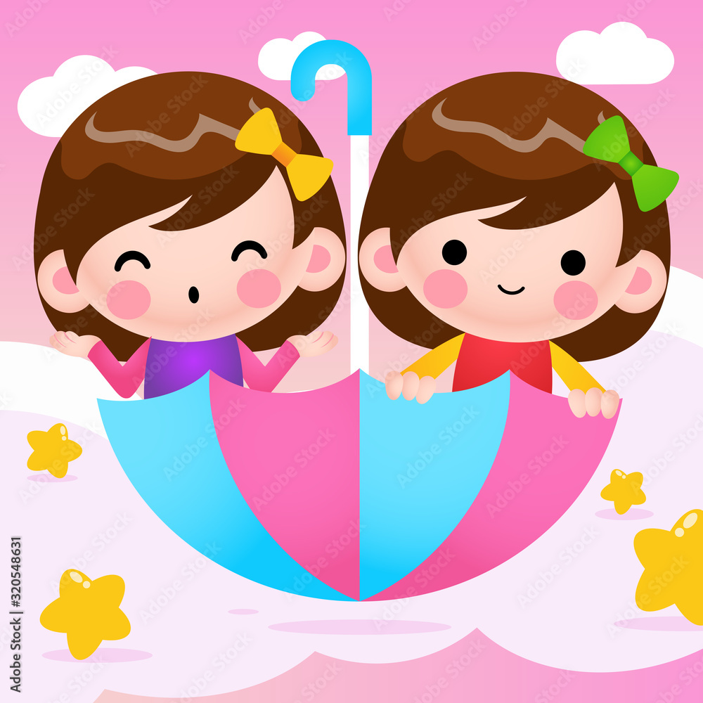 Cartoon Twins girls Riding Flying Umbrella, Vector Illustration Cartoon Twins girls Riding Flying Umbrella, Vector Illustration