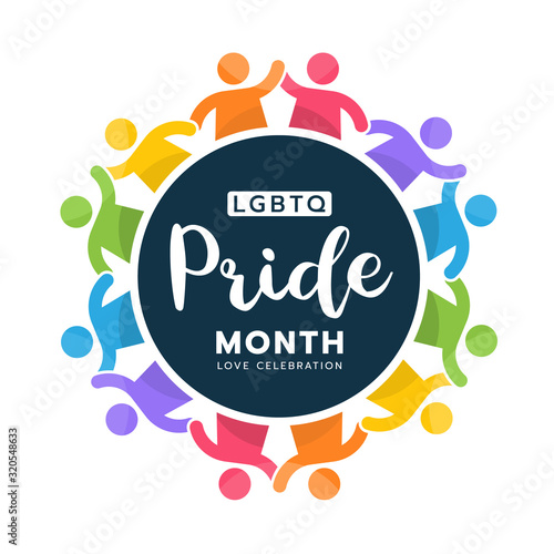LGBTQ Pride month text on circle with colorful human hand hold hand sign around circle frame vector design
