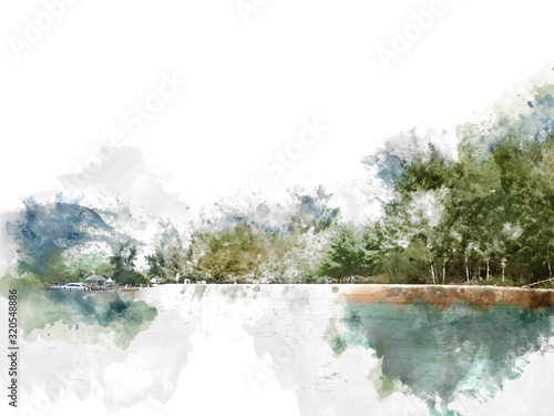 Streszczenie kolorowy szczyt i drzewo krajobraz na tle akwarela ilustracja malarstwo.