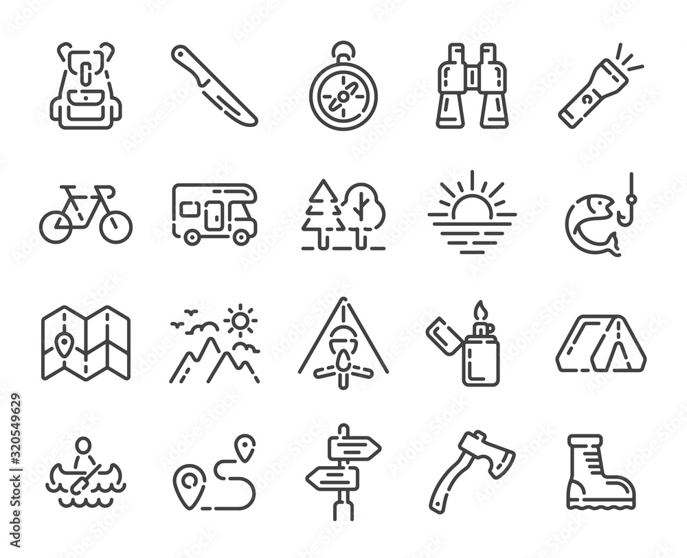 Set of camping trip or hiking outline icons. Line vector illustration. - obrazy, fototapety, plakaty 