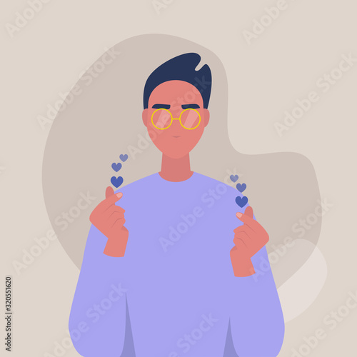 Young male character showing a finger heart sign, saint valentines day, symbols of love and friendship
