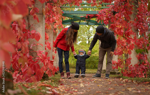 Young parents with little child in autumn park, background of bright red leaves of virginia creeper, happy family