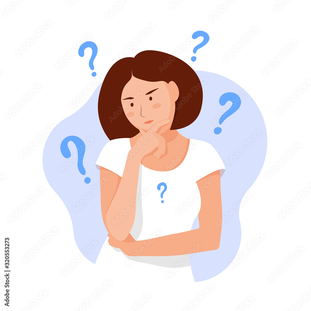 Woman thinks. Question. Thinking girl concept. Think about problems, finance, life, relationship etc. Girl solves a problem. Mom doubts. Cartoon thinking woman with question marks. Vector Flat style Woman thinks. Question. Thinking girl concept. Think about problems, finance, life, relationship etc. Girl solves a problem. Mom doubts. Cartoon thinking woman with question marks. Vector Flat style