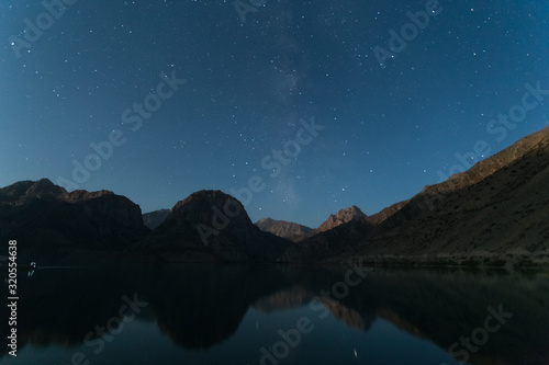 astrophotography of a night starry sky with a milky way over a lake