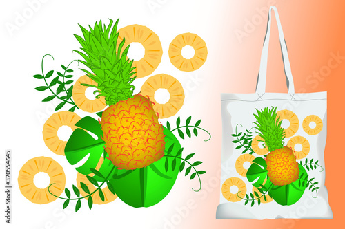 ripe pineapple with slices background and some tropical leaves decoration for resuable bag design