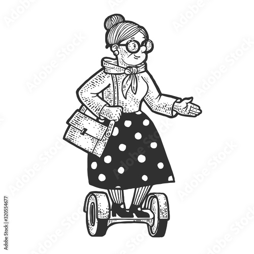 Old woman grandmother rides on hoverboard self-balancing scooter sketch engraving vector illustration. T-shirt apparel print design. Scratch board imitation. Black and white hand drawn image.