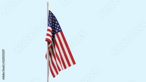 USA flag on flagpole. American flag on flagpole isolated on white. 3D-rendering.