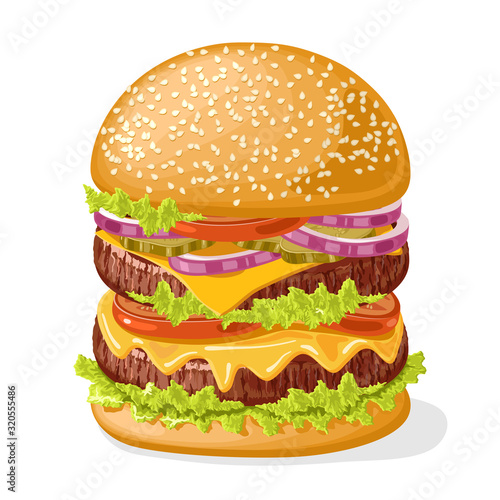 Burger with meat, cheese, sauce and vegetables