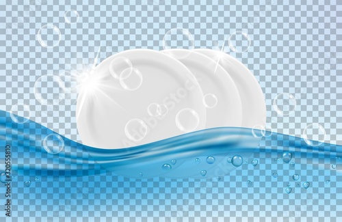 Clean dishes. White plates, water and soap bubbles vector illustration. Dish wash, utensil and bubble soap