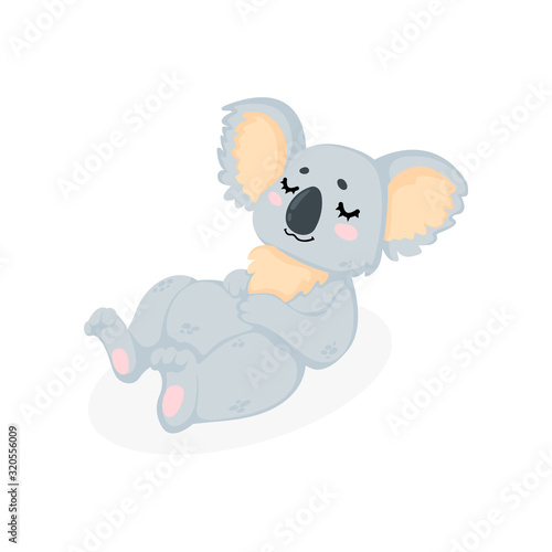 Hand drawn vector illustration of a cute sleeping koala bear in c artoon style. Funny little koala bear lying on a back and sleep in childish style. Isolated on white background.