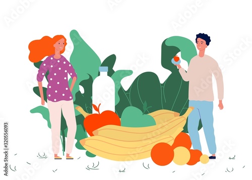 Healthy food concept. Vegan lifestyle vector illustration. Fresh fruits greens and happy tiny people characters. Eco food, healthy lifestyle. Vegetarian nutrition, fruit diet, healthy illustration