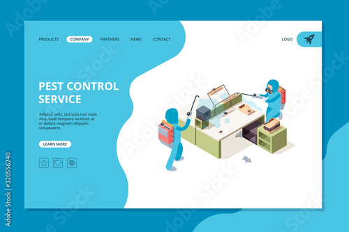 Pest landing. Insecticide professional service exterminators chemical poison vector web template. Disinfection insect, spray toxic illustration
