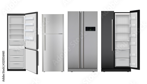 Fridge realistic. Open and closed home refrigerator empty freezer for healthy food vector set. Freezer refrigerator, fridge for kitchen, realistic household electric freeze illustration photo