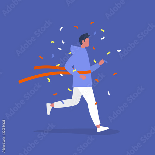 A competition winner, Young male running character crossing the finish line, Red ribbon concept