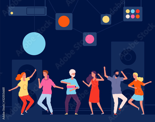 Night club dancers. Young happy people fun at dance halls vector nightlife concept. Night dancer party, disco club music illustration