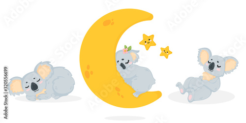 Hand drawn vector collection of illustration with a cute sleeping koala bear in cartoon style. Set of Funny little koala bear lying and sleep in childish style. Isolated on white background.