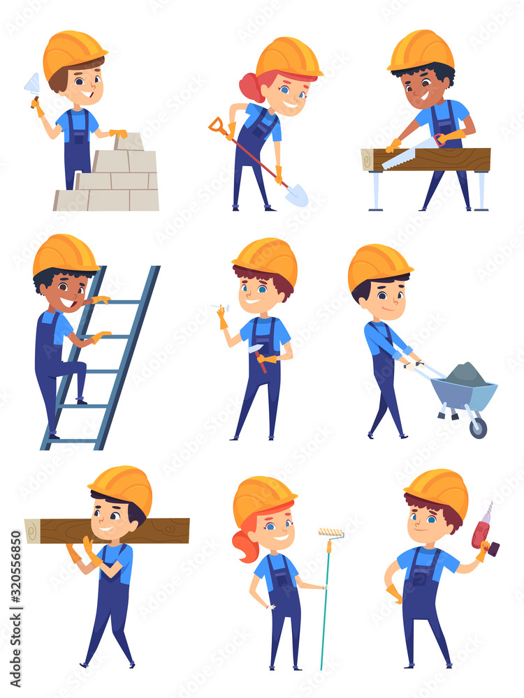 Children builders. Little working characters in yellow helmet for building professional construct vector cartoon. Illustration character children worker, workman and woman Children builders. Little working characters in yellow helmet for building professional construct vector cartoon. Illustration character children worker, workman and woman