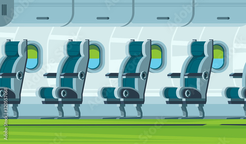 Airplane interior. Transportation cabin seats aircraft salon vector flat illustration. Plane interior for comfortable tourism, travel salon