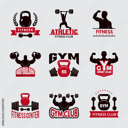 Gym fit badges. Sport fitness healthcare logo athletic club emblems vector collection. Emblem badge gym, weight and bodybuilding label illustration