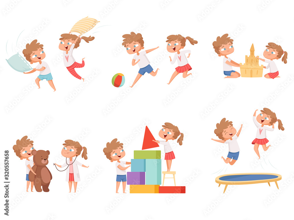 Kids fun games. Children playing together pillow battle brother and sister vector cartoon characters. Boy and girl play game, characters together brother and sister illustration Kids fun games. Children playing together pillow battle brother and sister vector cartoon characters. Boy and girl play game, characters together brother and sister illustration