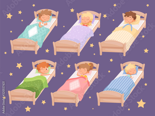 Kids sleeping. Quiet hour in kindergarten blanket childrens bedroom rest of boys and girls relaxing bedding vector cartoon funny characters. Child sleep in bed, bedtime illustration for boy and girl