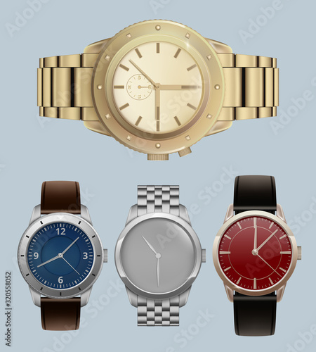 Men watches. Luxury style expensive bracelets with modern wrist watches vector realistic set. Clock wrist, watch expensive accessory illustration