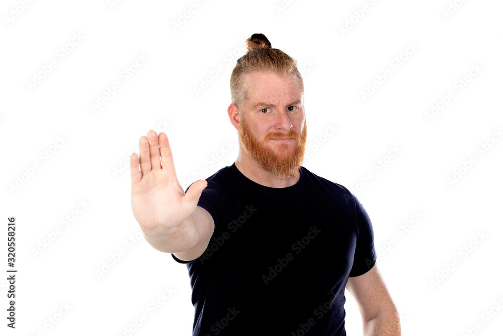 Red haired man with long beard saying Stop Red haired man with long beard saying Stop